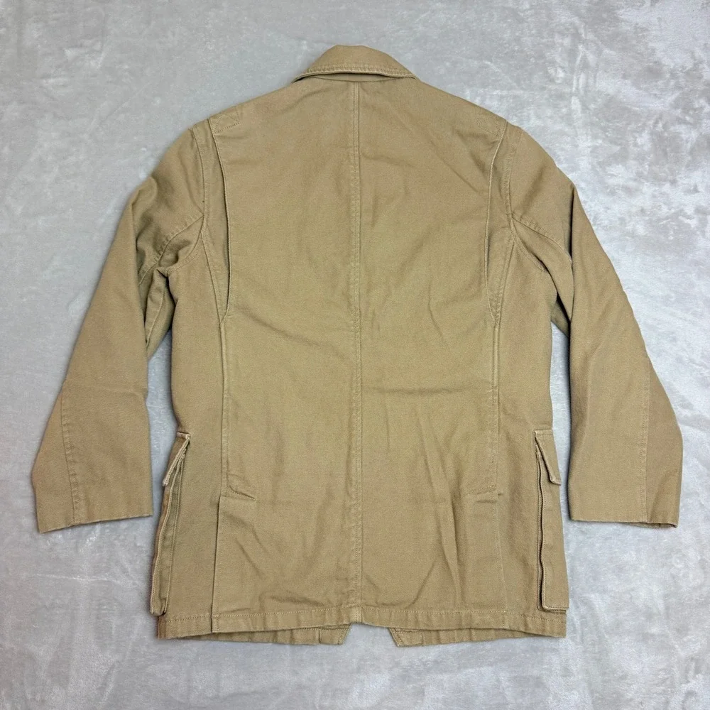 Duluth Trading Blazer Chore Jacket Men M Khaki Canvas Workwear Elbow Patch EUC